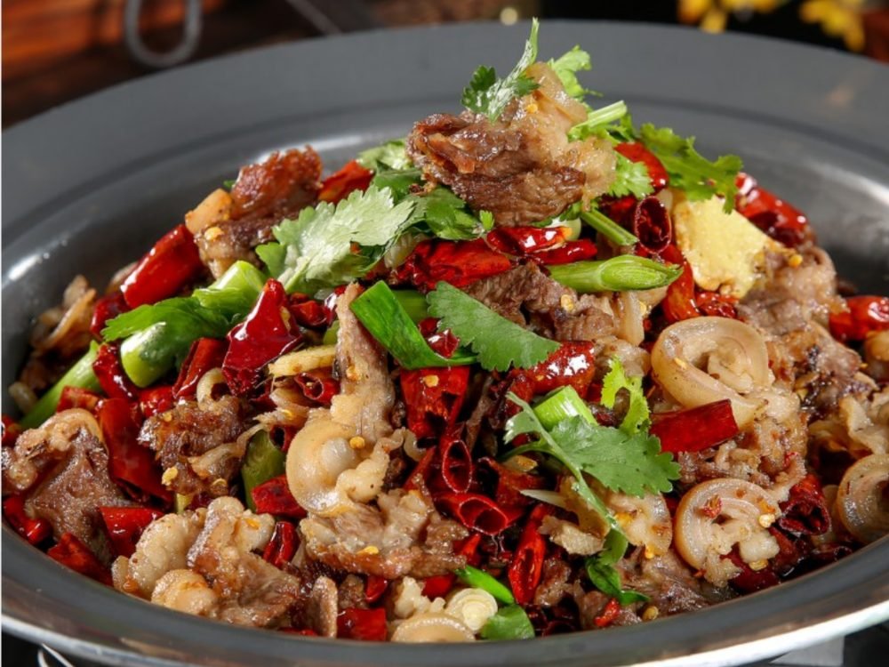 Cumin lamb with dried chilies, peppers and cilantro